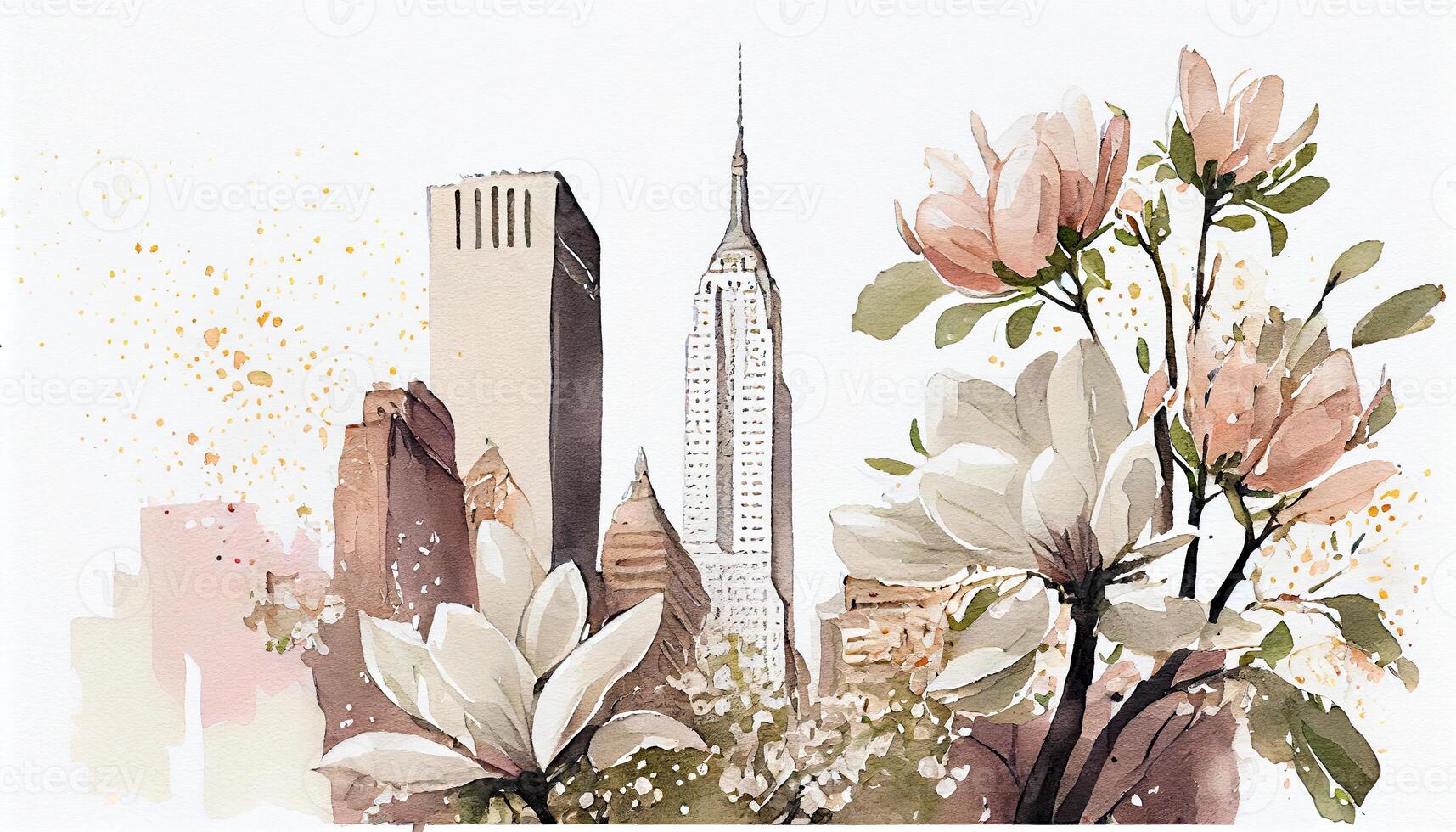 Watercolor illustration design of beautiful flowers over white background with beautiful architecture buildings. . photo