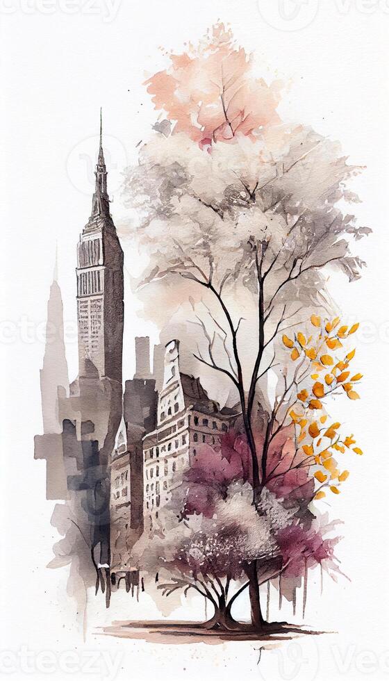 Watercolor illustration design of beautiful flowers over white background with beautiful architecture buildings. . photo