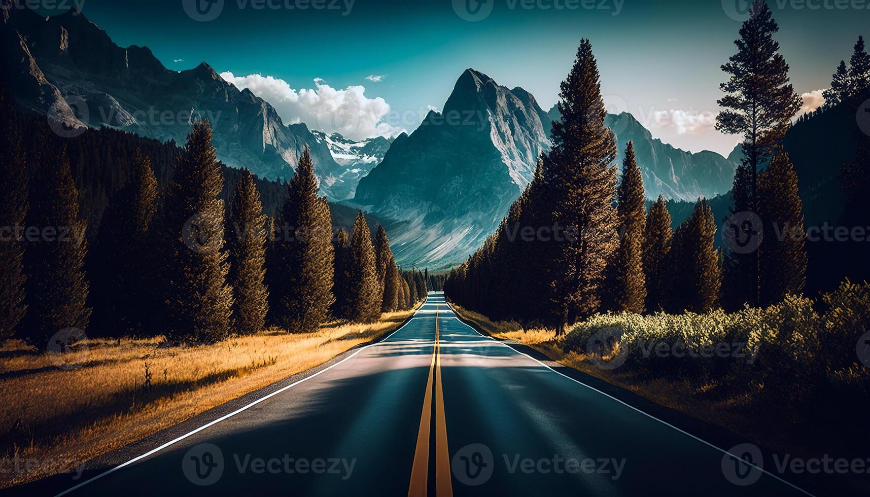 Long road with mountains at the end. Beautiful shot with copy space. . photo
