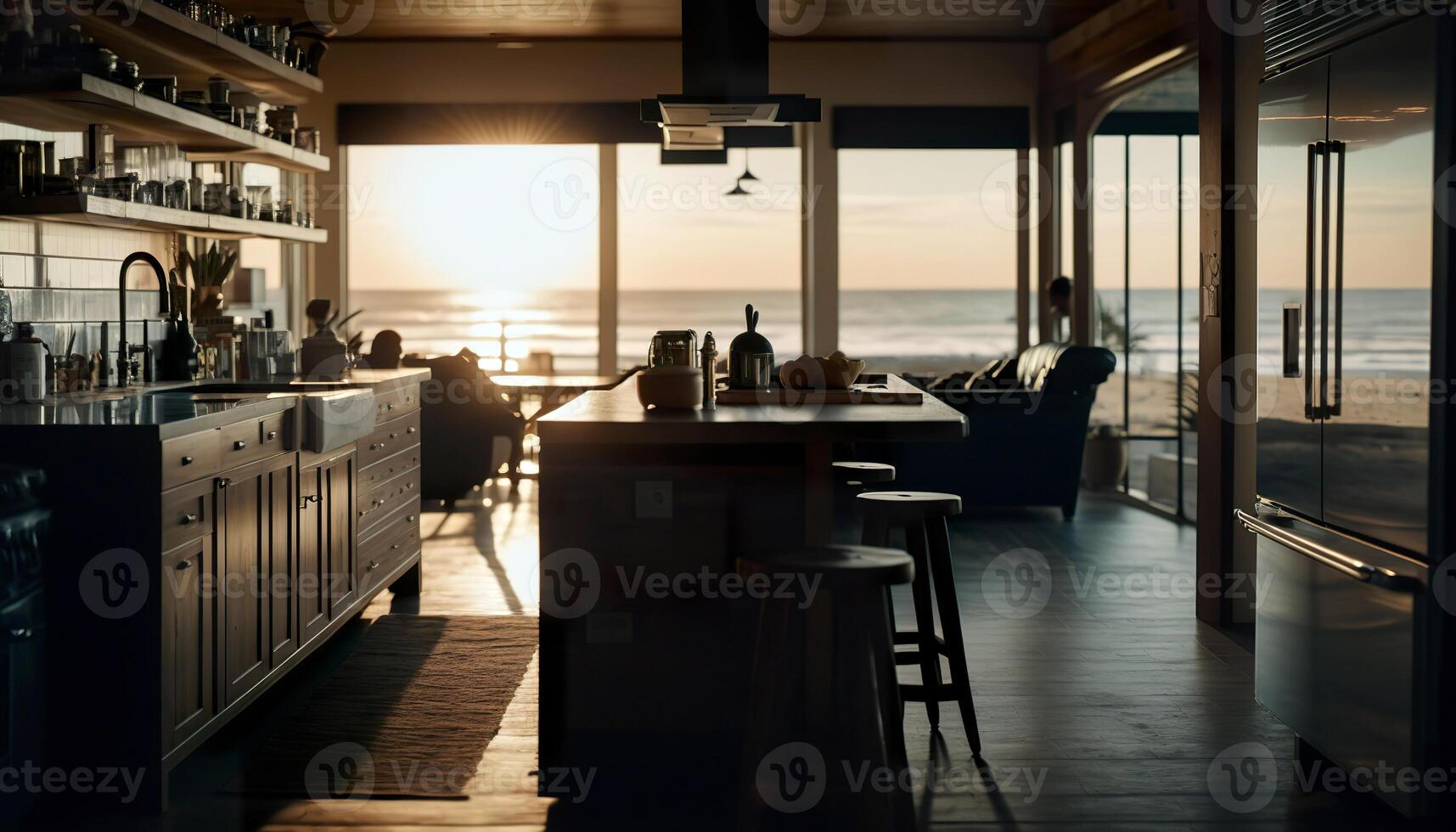 Modern kitchen interior at sunset. Beach house with beautiful sunlight. . photo