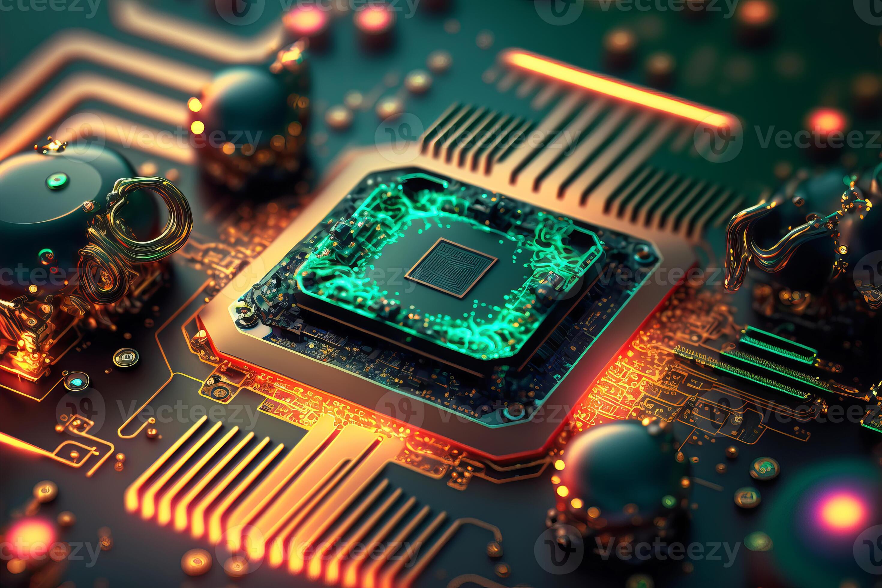 Motherboard with electronic circuits and CPU with glowing neon