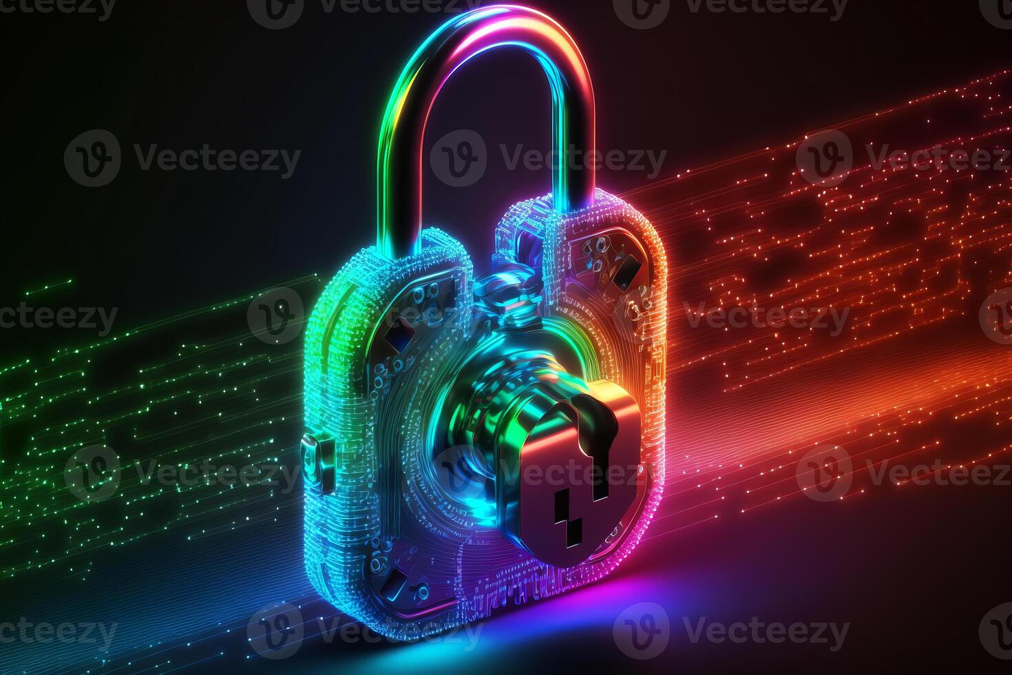 Abstract holographic neon padlock cyber security symbol. Technology network data protection concept. illustration photo