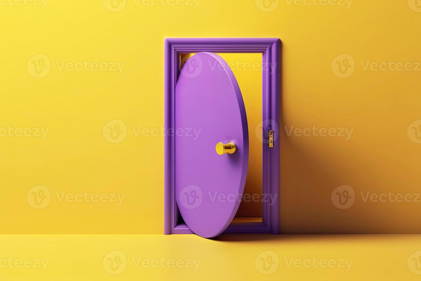 Open purple door on yellow background. Creative concept of accessibility, choice, exit. illustration photo