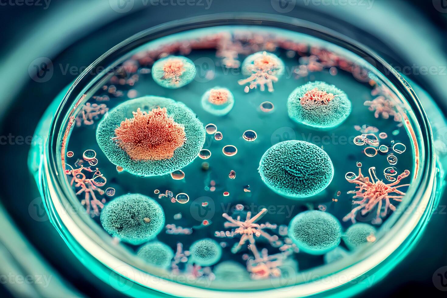 Petri dish with abstract bacteria and viruses, macro view. illustration photo