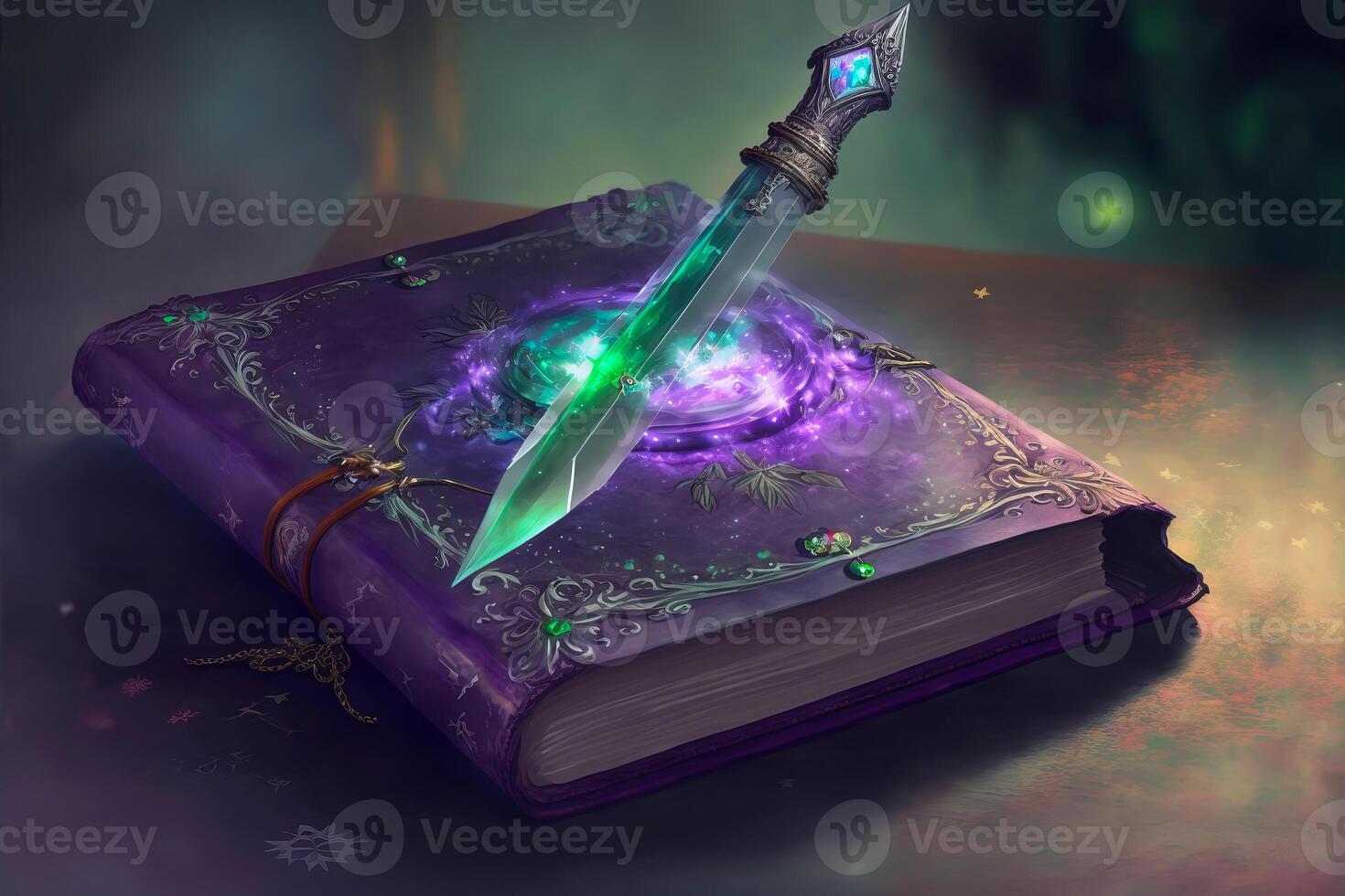 Ritual crystal amethyst dagger and magic book. Magic and sorcery. illustration photo