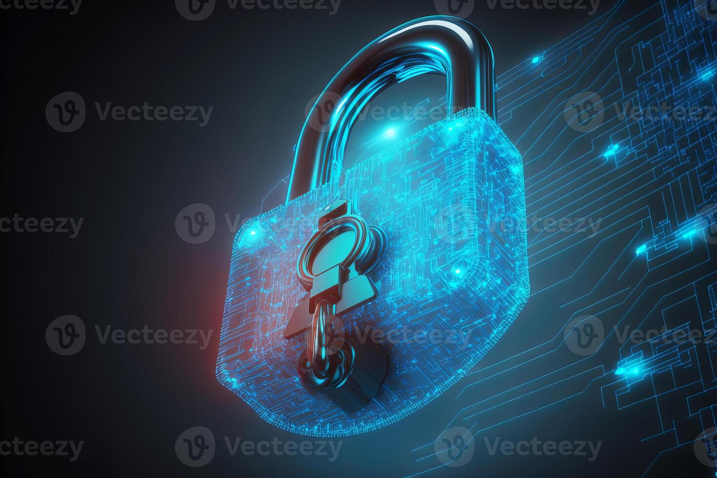 Abstract holographic neon padlock cyber security symbol. Technology network data protection concept. illustration photo