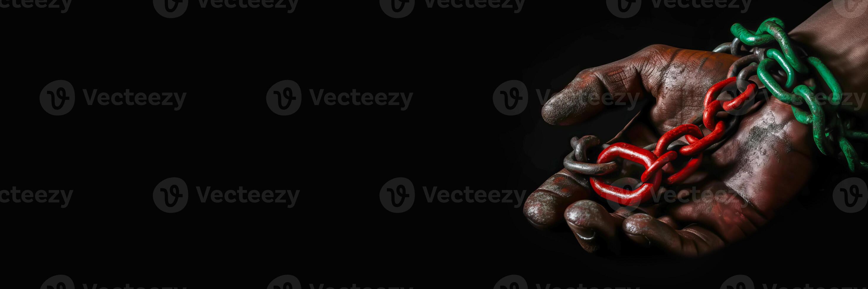 Uneteenth National Independence Day celebration banner. A hand is shackled with a red green chain. illustration photo