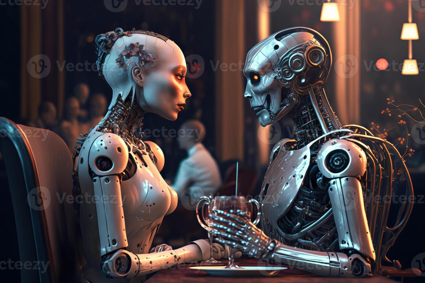 couple of lovers humanoid robots on a romantic date. Valentine's Day with love. illustration photo