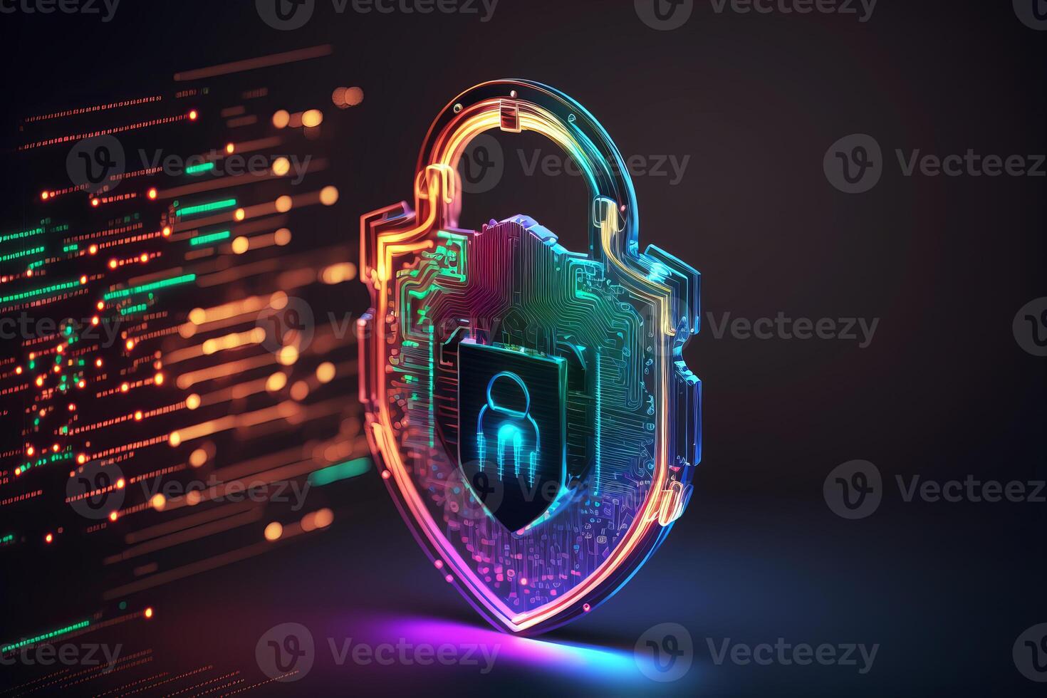 Abstract holographic neon padlock cyber security symbol. Technology network data protection concept. illustration photo