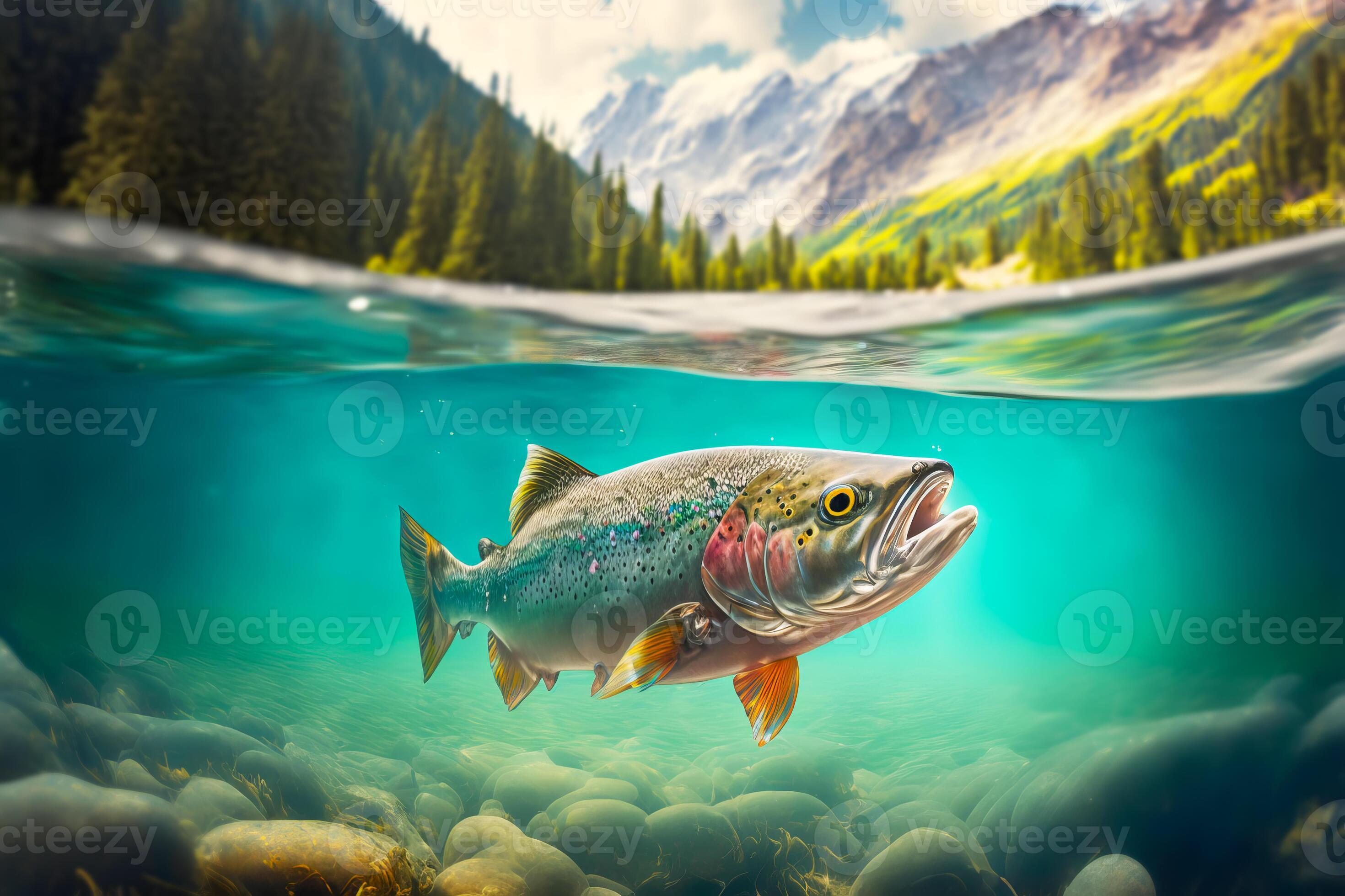 Rainbow trout swims in the water column in a mountain river. Wild fish  fishing concept. Generative AI illustration 23776517 Stock Photo at Vecteezy