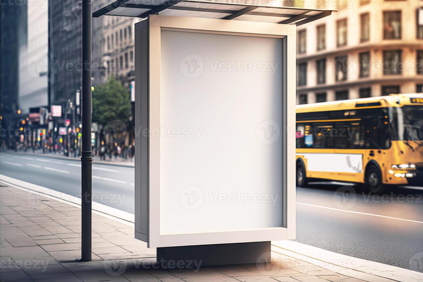 Blank mockup of vertical street billboard on blurred city background. illustration photo