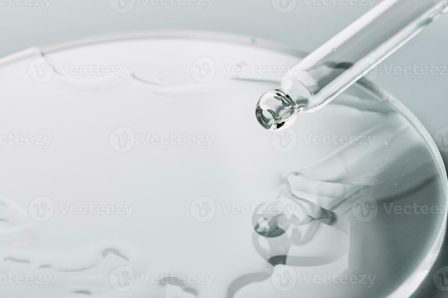 Pipette with sample of cosmetic product in petri dish on grey background, selective focus photo