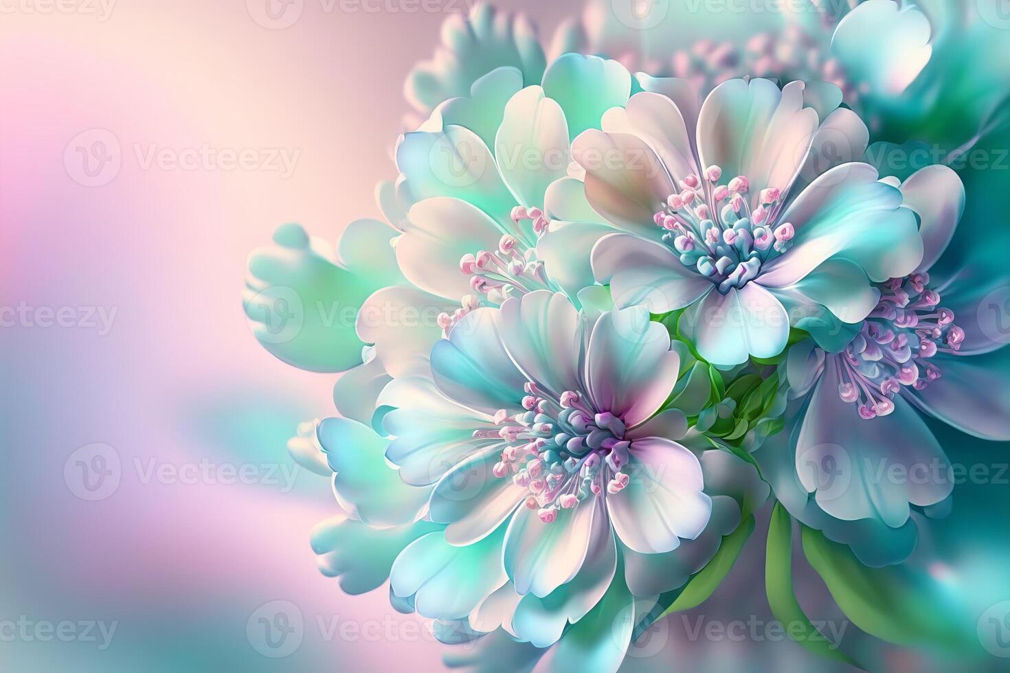 Spring floral gradient background with iridescent surreal flowers, delicate pastel colors. illustration photo