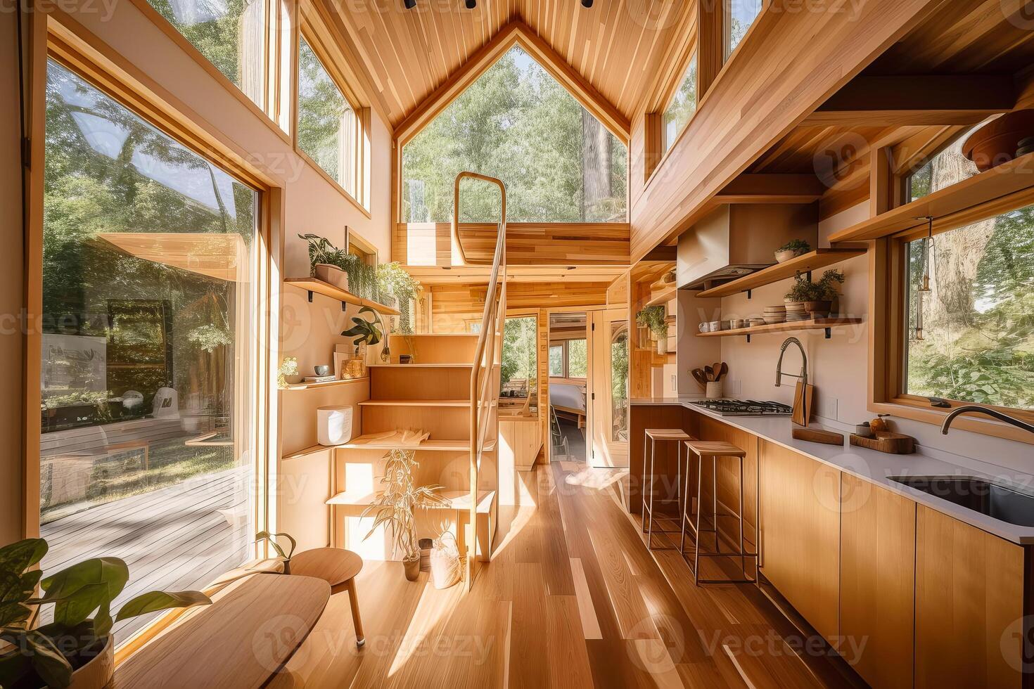 Tiny house interior with natural wooden decor. illustration photo