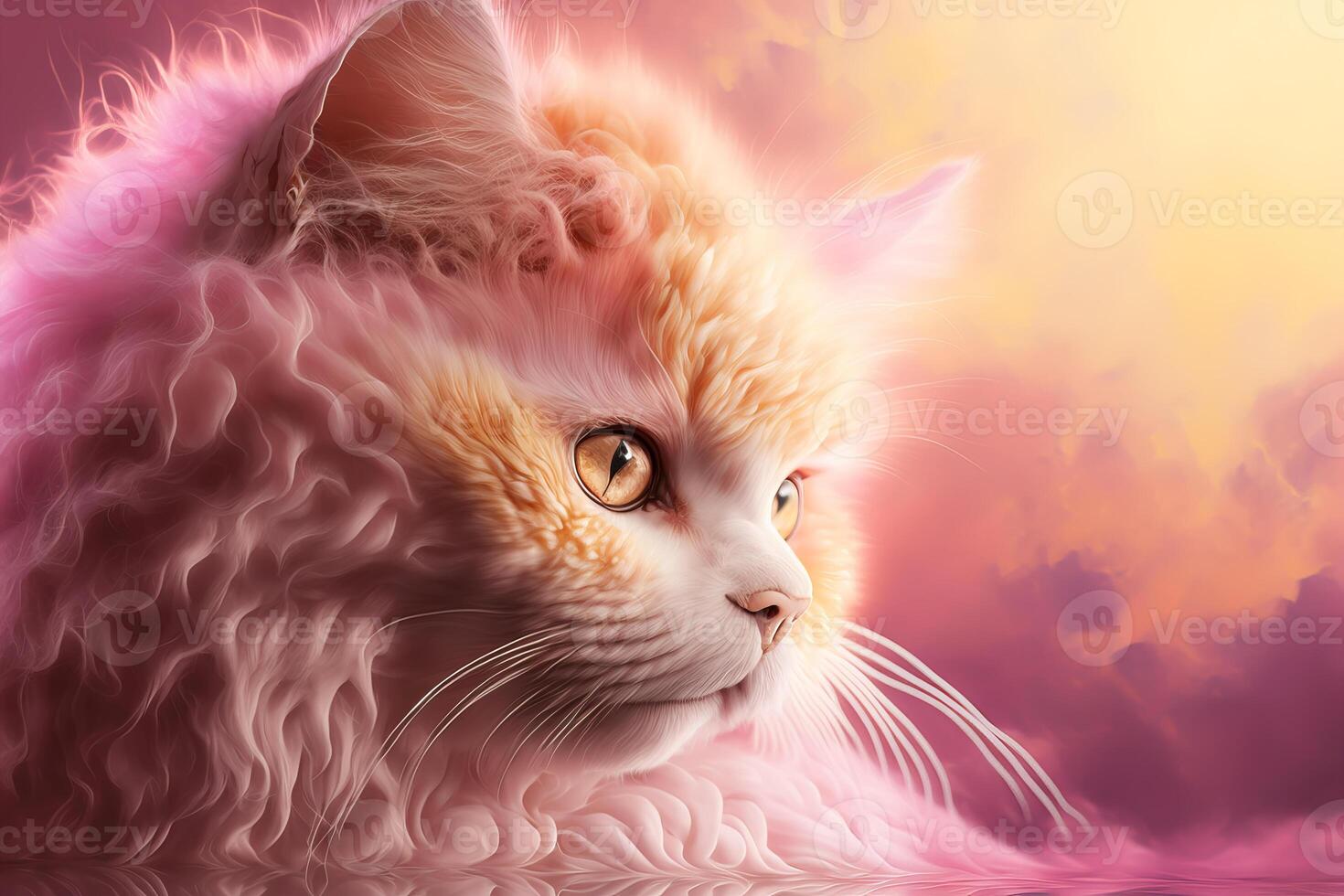 Beautiful fluffy ginger cat portrait on sunset light background. illustration, copy space photo