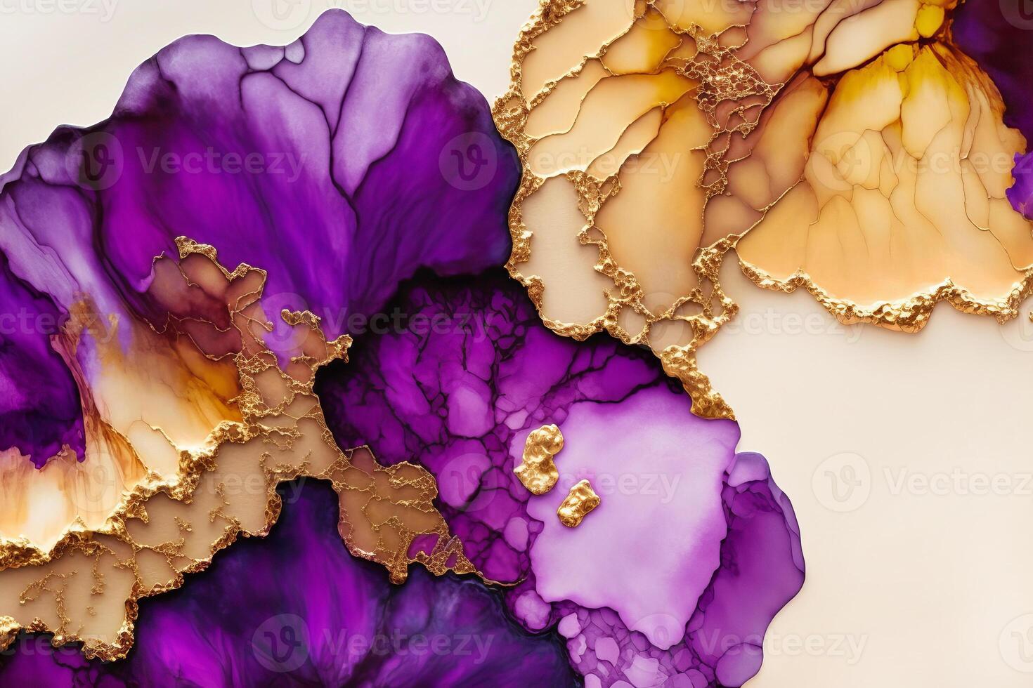 Fluid Art. Liquid purple ink abstract drips and gold metallic veins. illustration photo