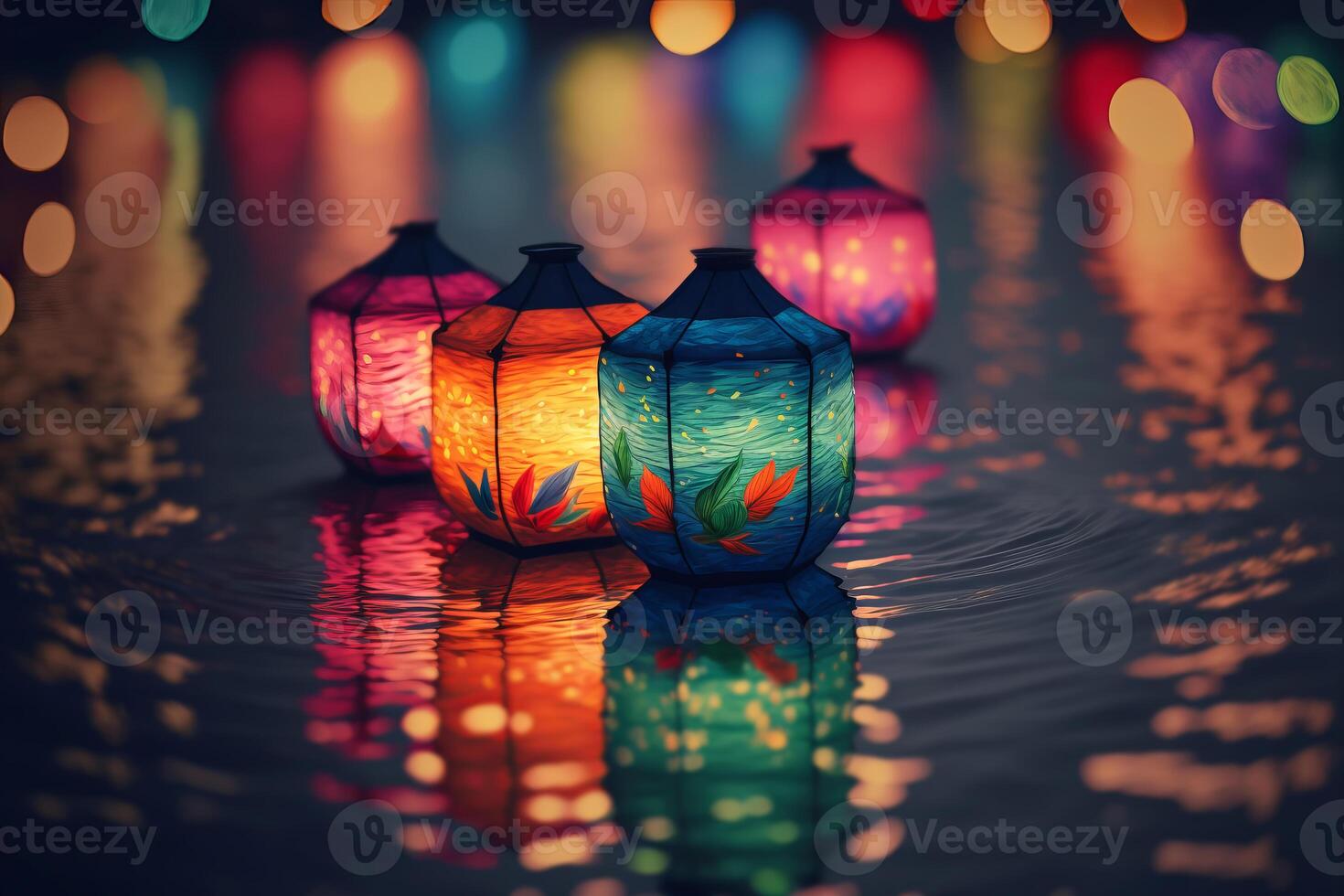 Paper lanterns float on dark water. Traditional Floating Lantern