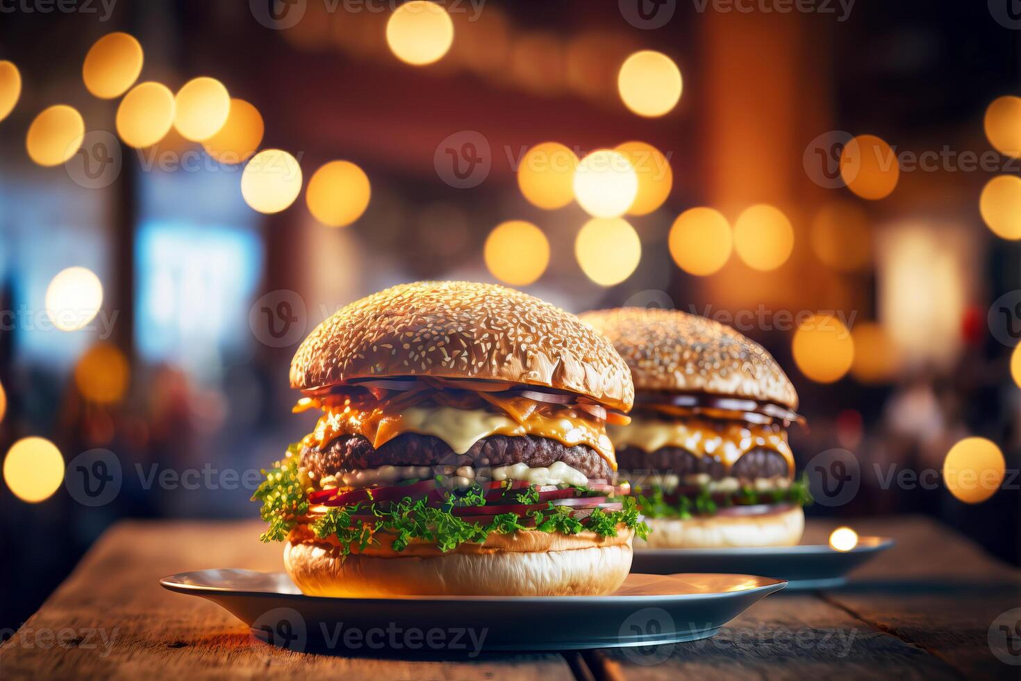 Two delicious burgers of beef, cheese and vegetables on wooden restaurant table. Tasty food close-up. illustration photo