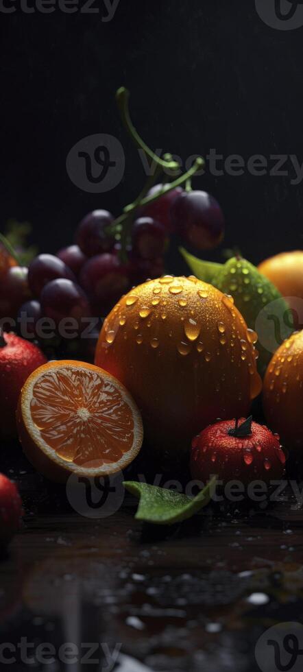 a group of fruits and vegetables with drops of water. photo