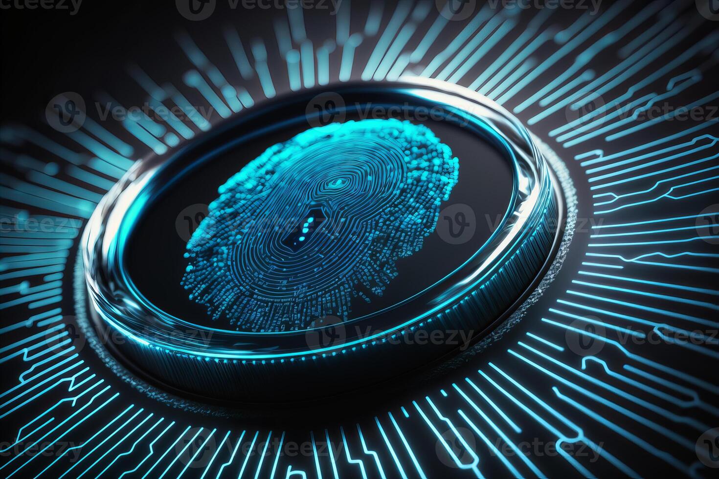 Biometrics identification and cyber security concept. Glowing neon fingerprint on dark background. illustration. photo