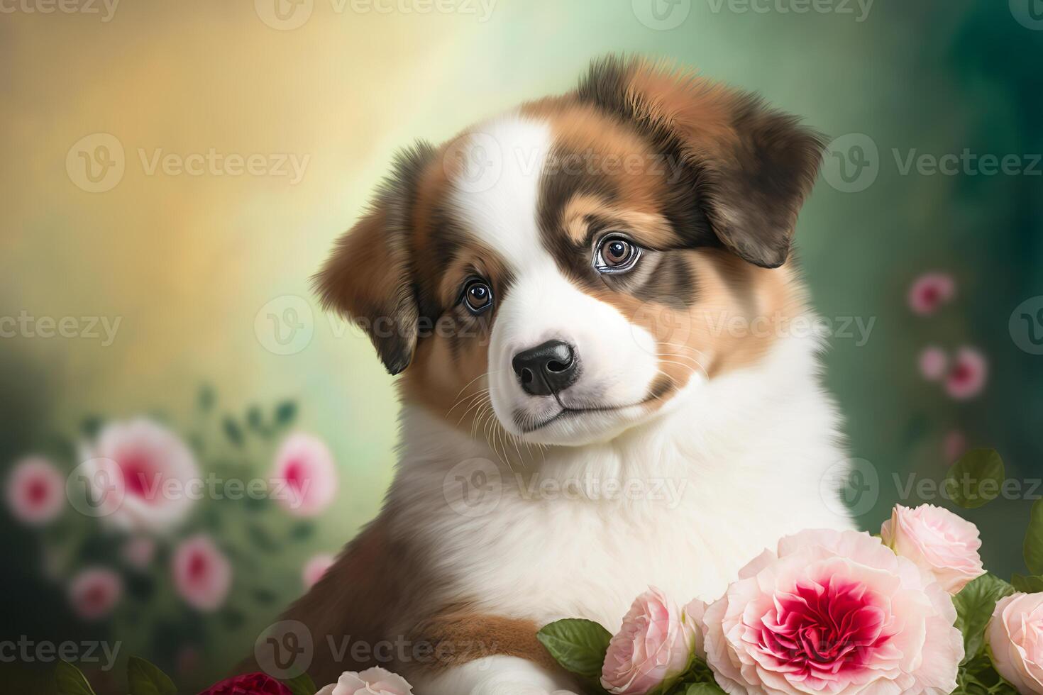 Cute puppy gives a rose. Romantic concept or women's day holiday concept. illustration photo