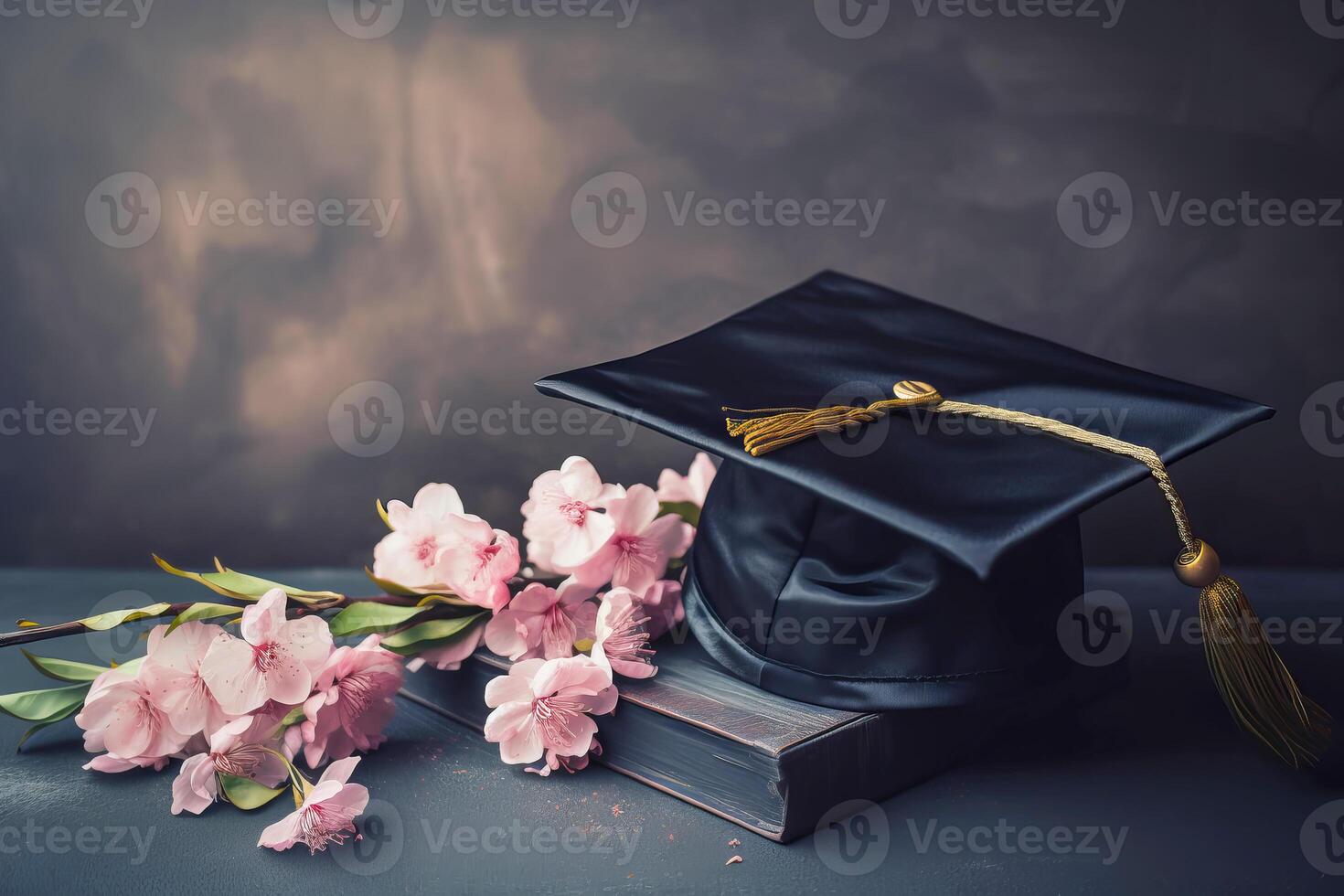 Graduate cap, apple branch and academic books. Study, education, university, college, graduate concept. illustration photo