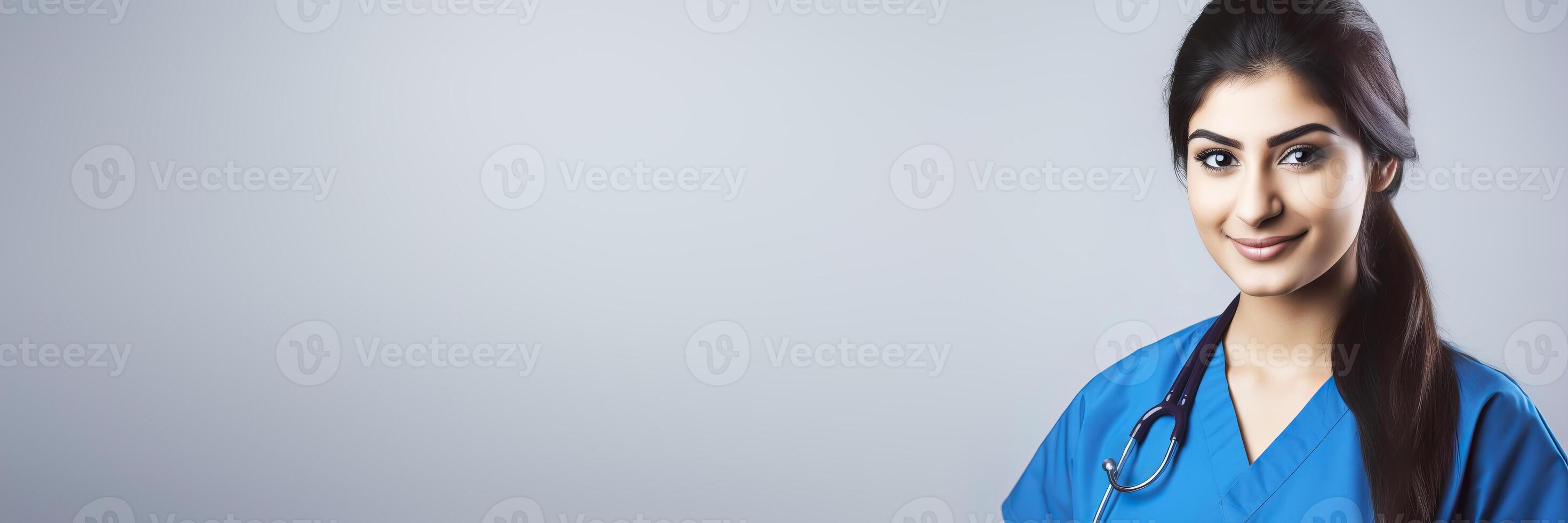 Attractive nurse or doctor in blue uniform. illustration photo