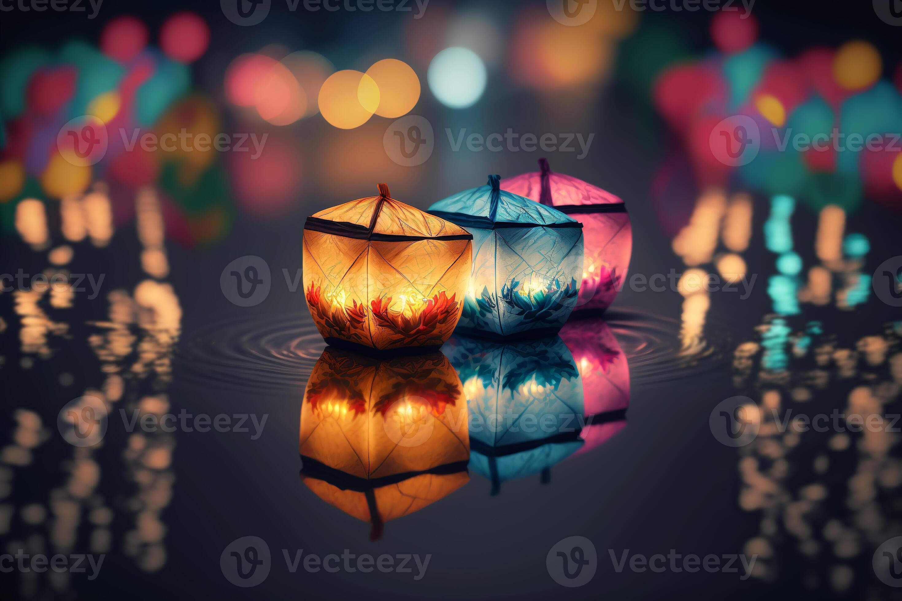 Paper lanterns float on dark water. Traditional Floating Lantern