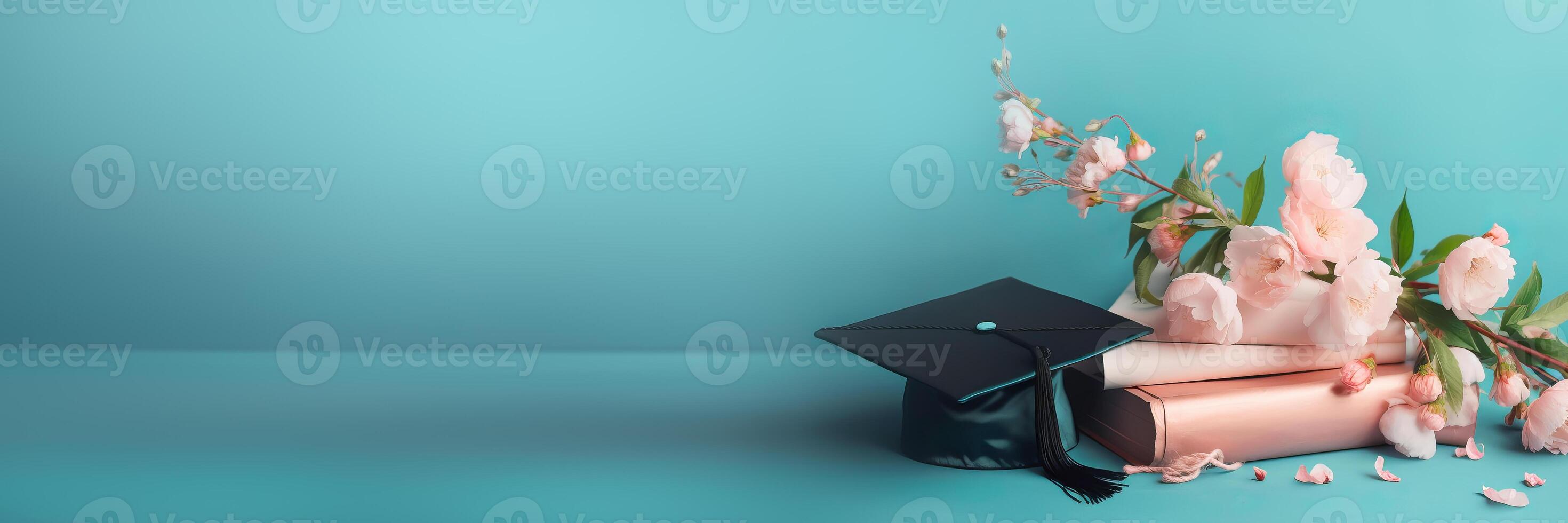 Banner with Graduate cap, apple branch and academic books. Study, education, university, college, graduate concept. illustration photo