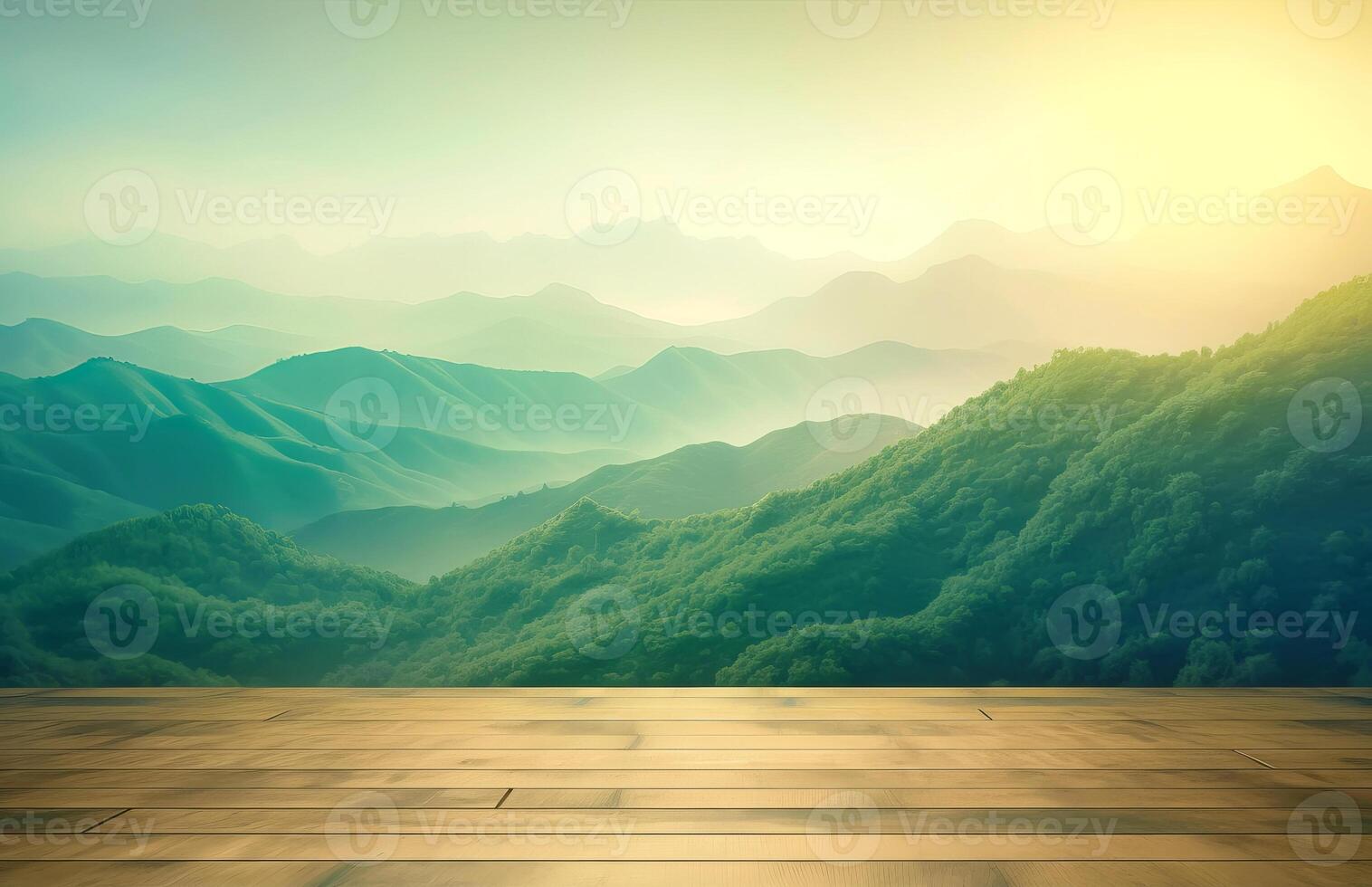 Empty wooden tabletop with green hills background for advertising and presentation. Selective focus on tabletop. illustration photo
