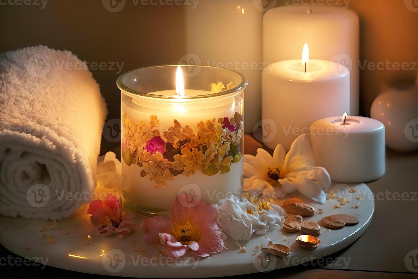 Beauty spa treatment and relax composition with burning candles and flowers. illustration photo