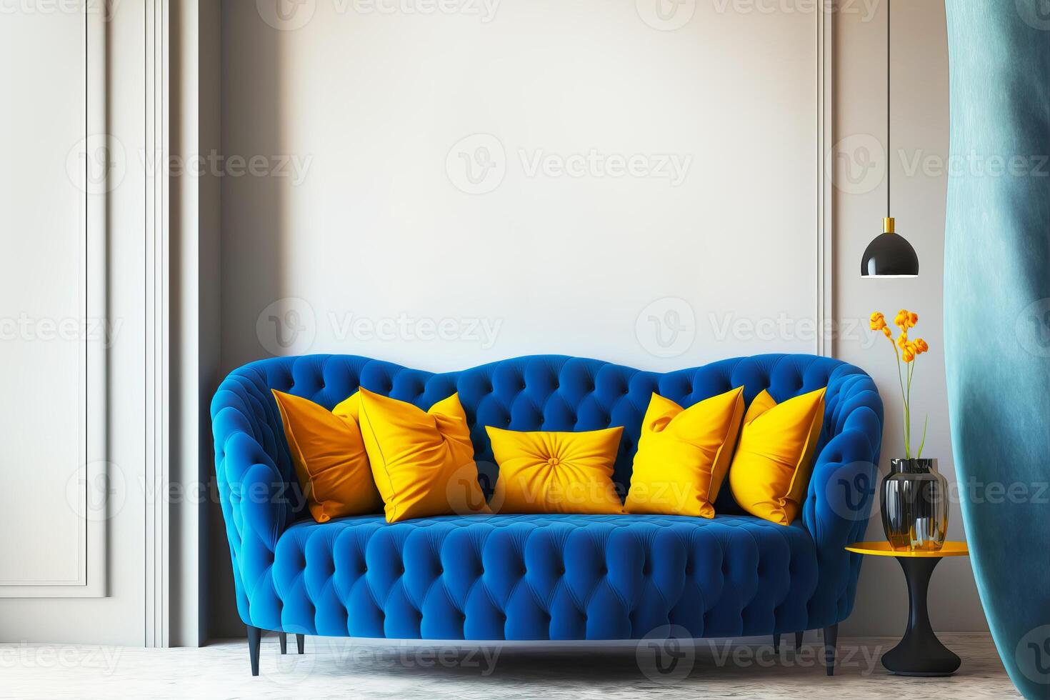 vivo habitación interior Bosquejo con azul sofá y amarillo accesorios. generativo ai ilustración foto
