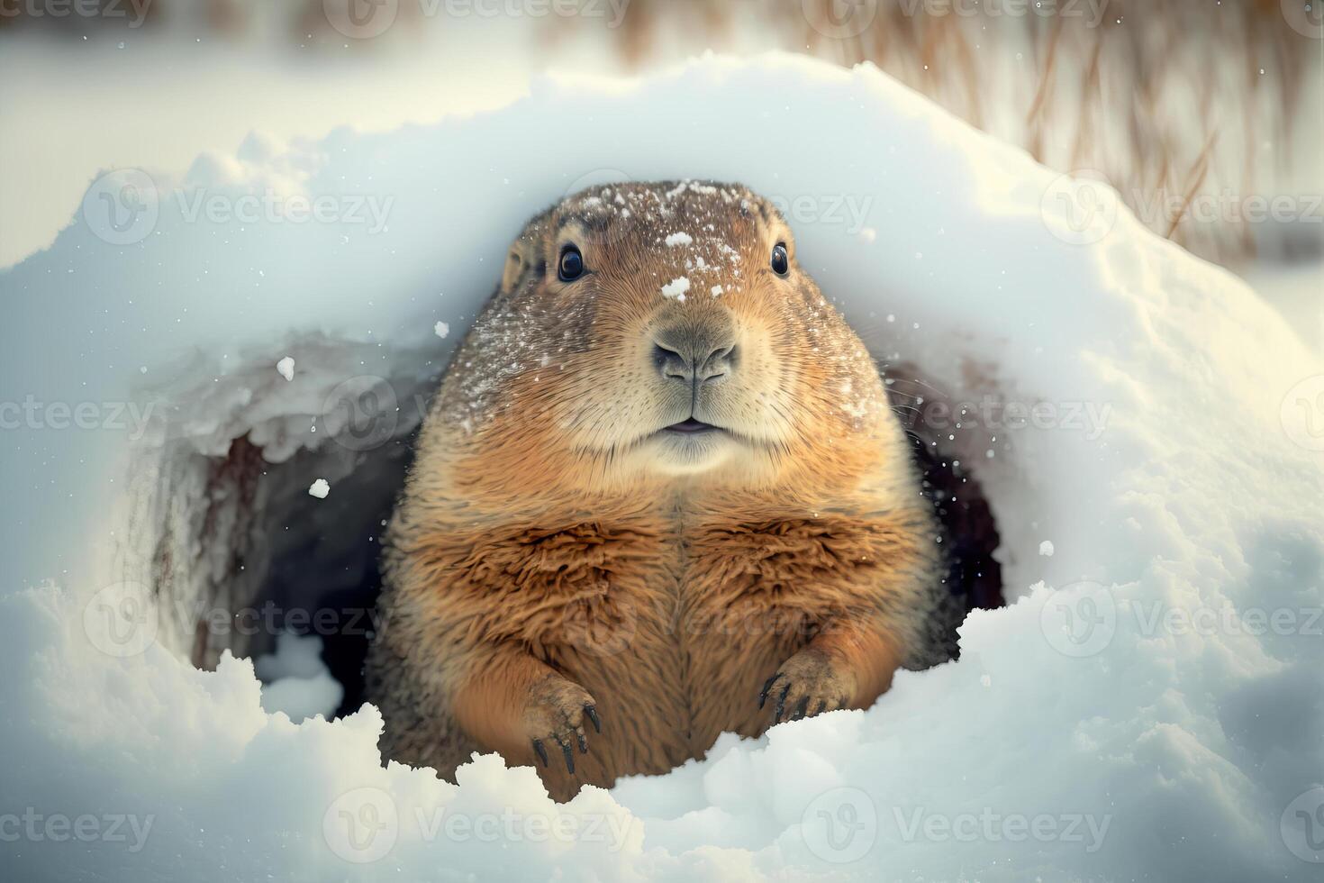 Happy Groundhog Day. Groundhog emerges from a snowy hole after hibernation. illustration photo