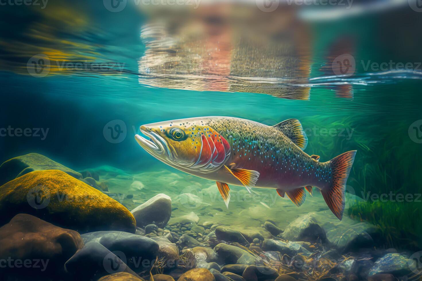 Rainbow trout swims in the water column in a mountain river. Wild fish fishing concept. illustration photo