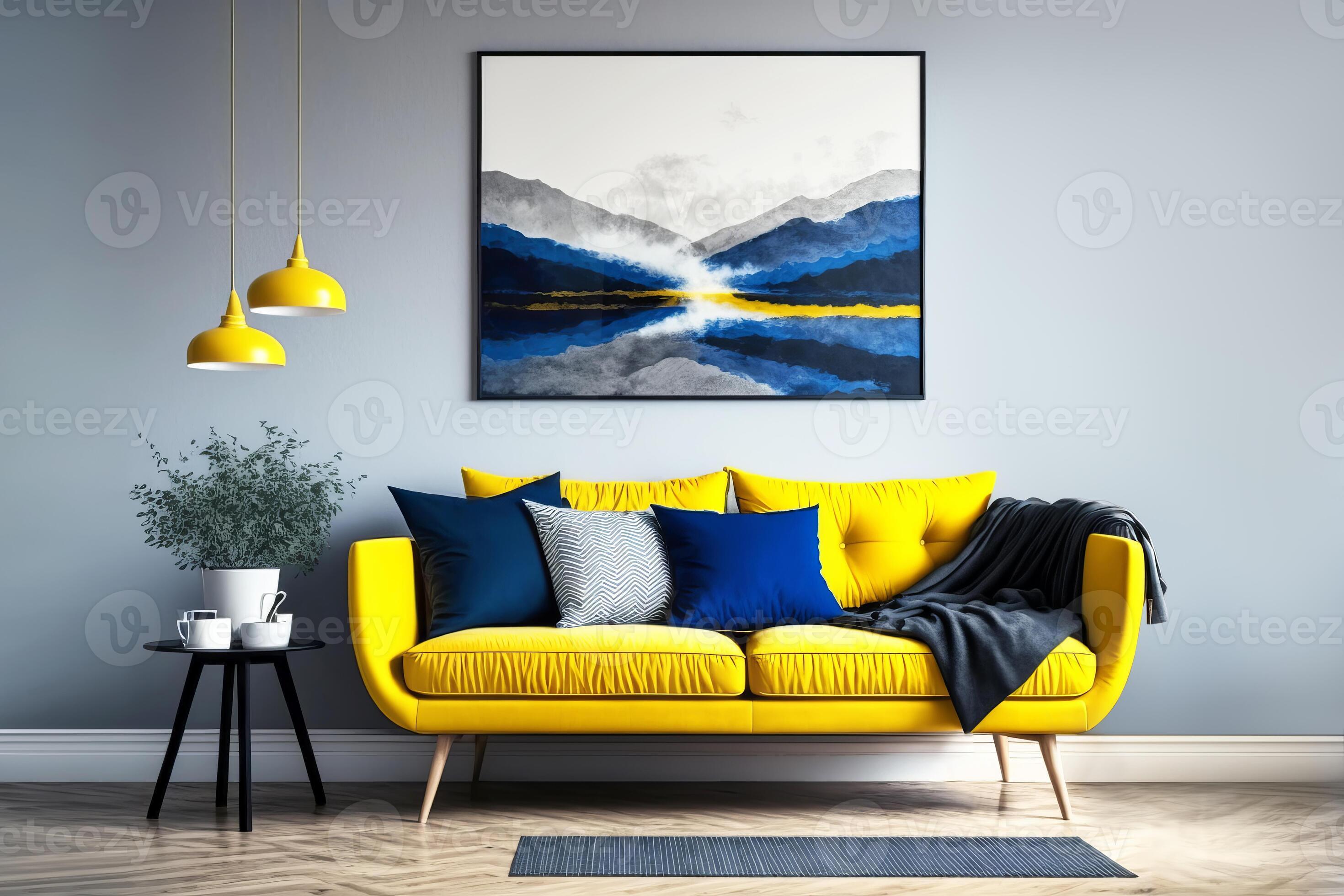 Modern living room interior with yellow sofa and blue accessories ...