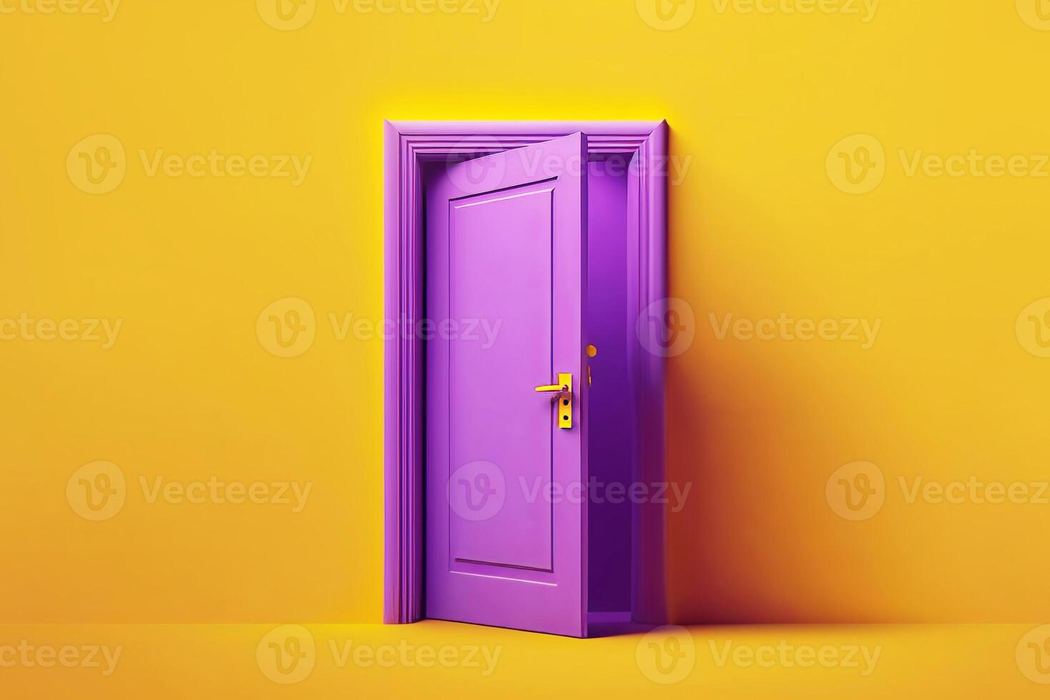 Open purple door on yellow background. Creative concept of accessibility, choice, exit. illustration photo