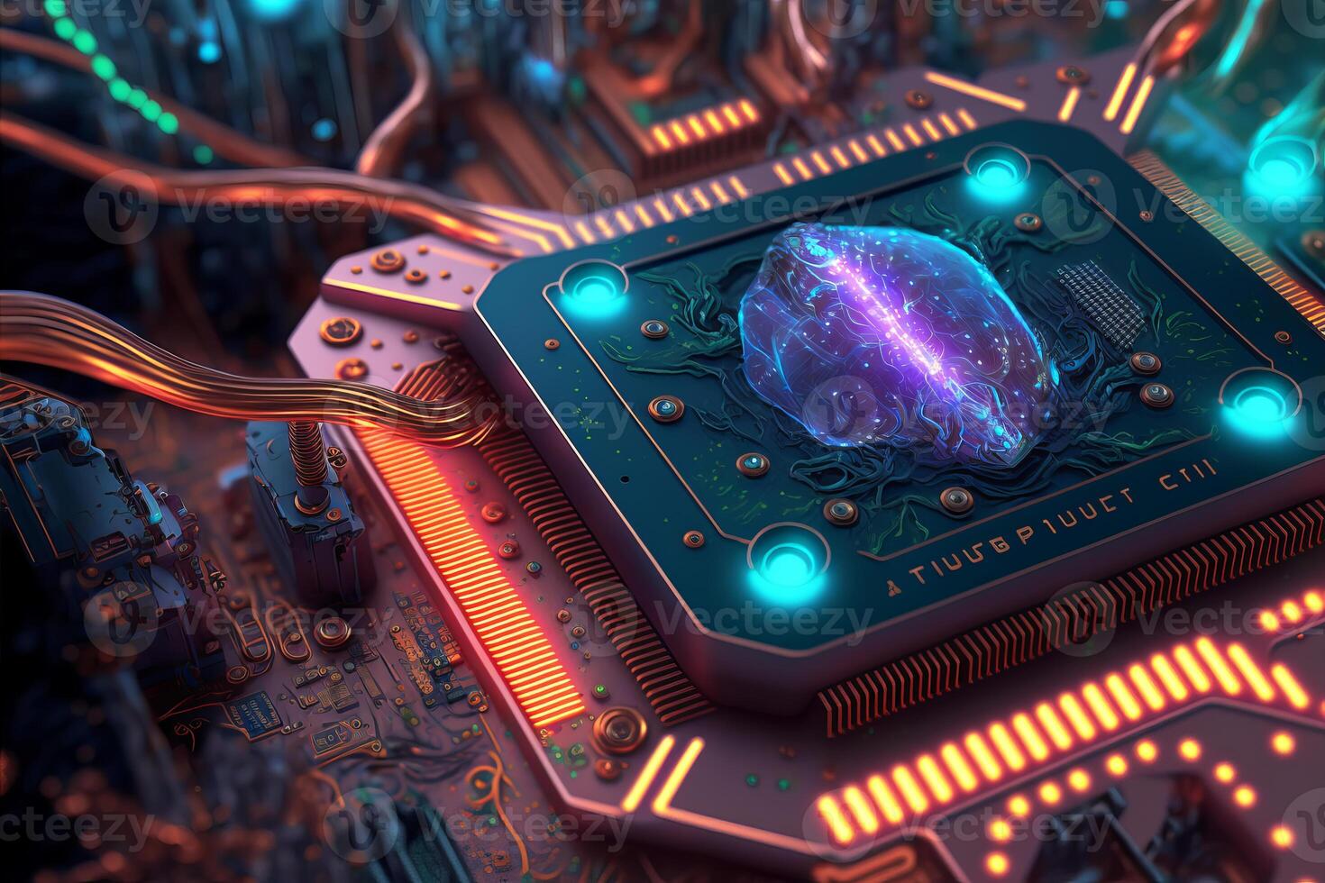 Cybernetic brain artificial intelligence from chips with holographic glowing structures. Futuristic technology concept. illustration photo