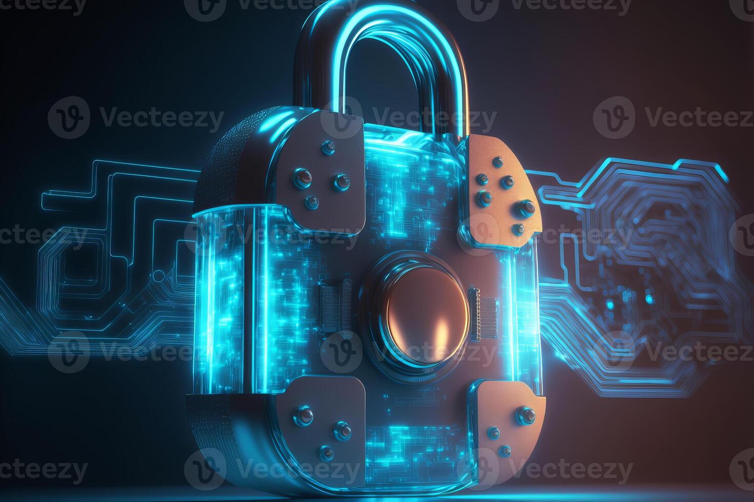 Abstract holographic neon padlock cyber security symbol. Technology network data protection concept. illustration photo