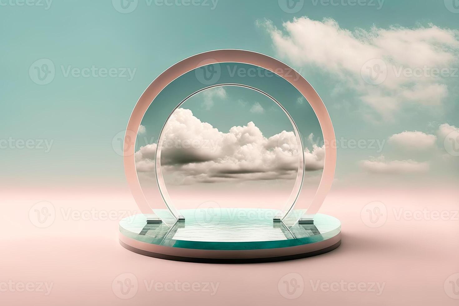 Arched portal podium on fantasy surreal pink background. Pastel gradient cloud sky. illustration photo