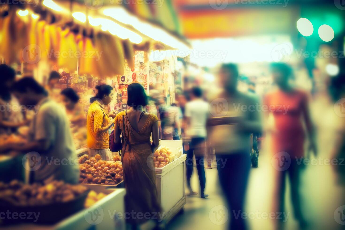 concurrido calle comida mercado borroso antecedentes. ocupado calle compras. generativo ai ilustración foto