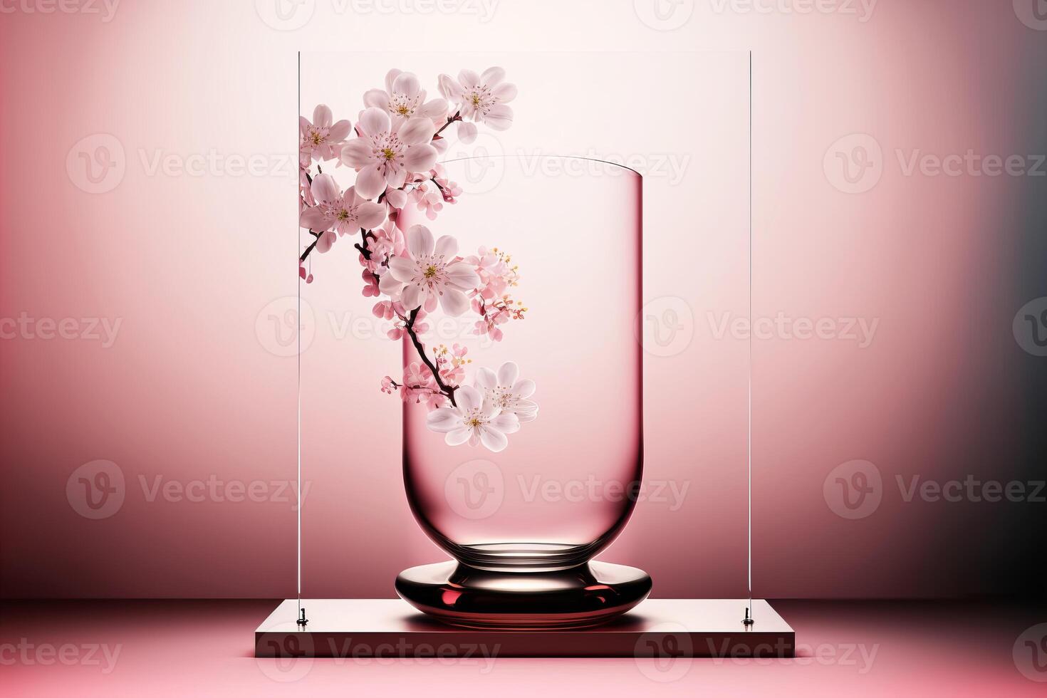 vacío geométrico vaso podio para producto monitor en rosado antecedentes con Cereza flores generativo ai ilustración foto