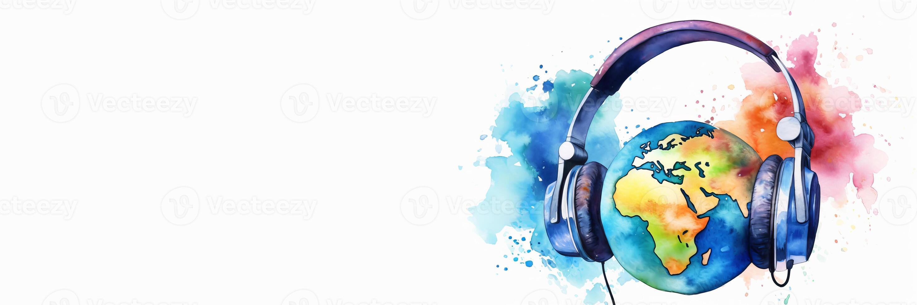 World music day concept. Stereo headphone and a globe on a white banner. illustration photo