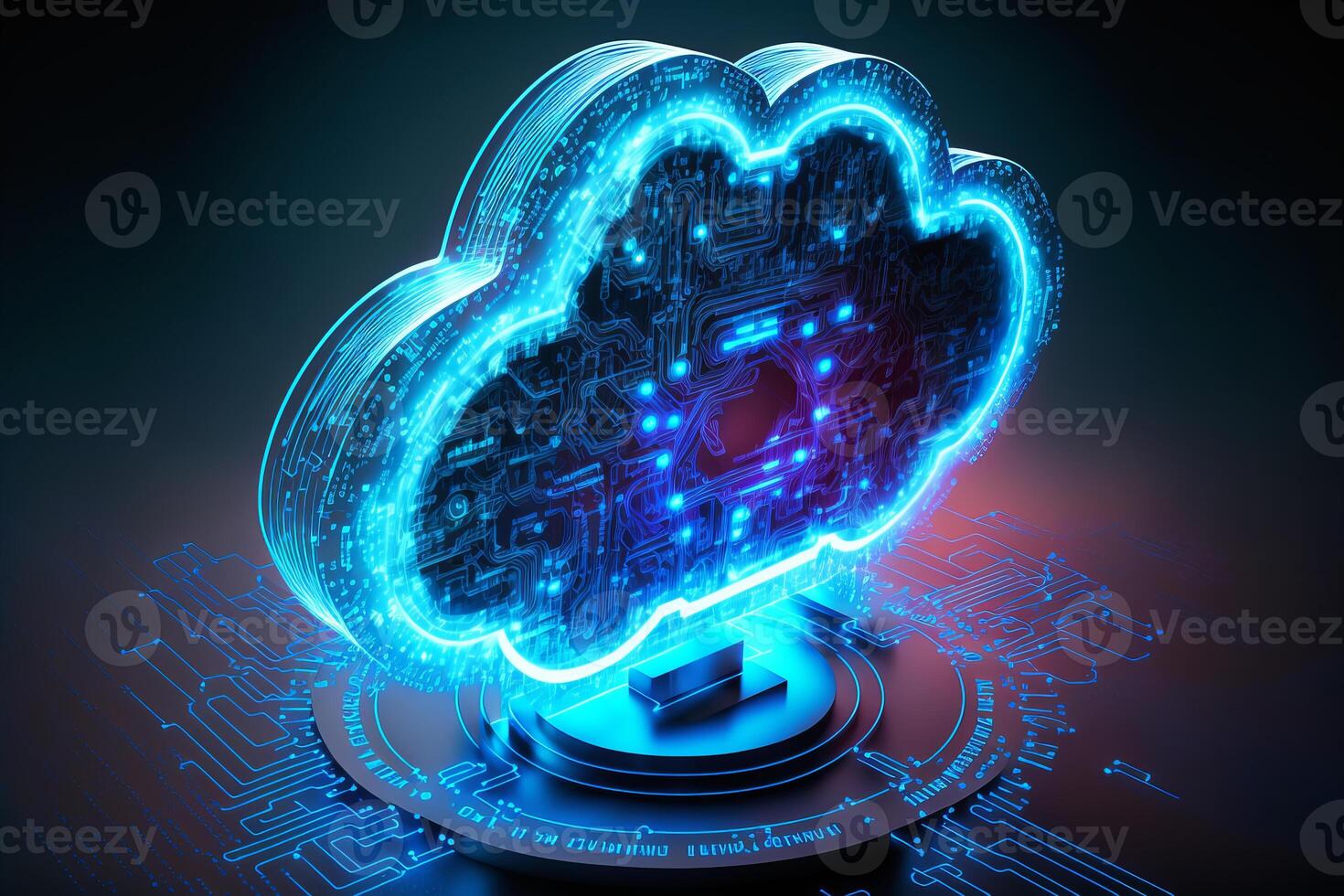 Cloud computing Data Base Technology concept with glowing neon structures on a dark background. illustration photo