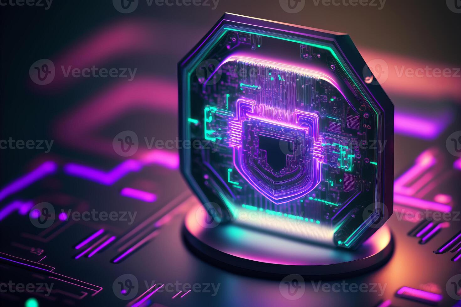 Abstract holographic neon padlock cyber security symbol. Technology network data protection concept. illustration photo