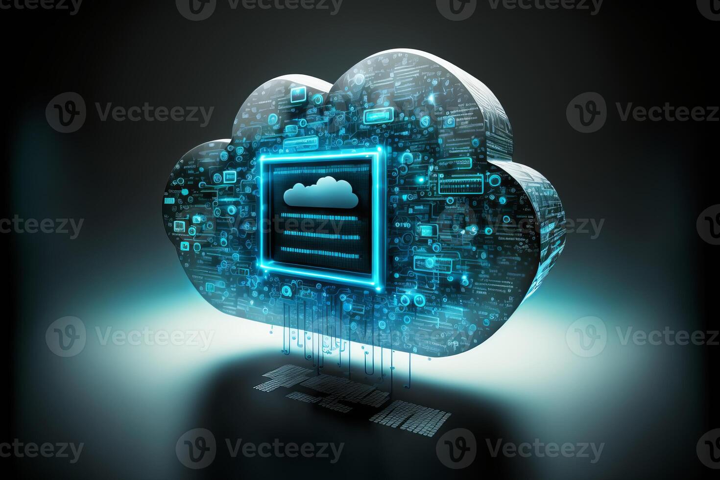 Cloud computing Data Base Technology concept with glowing neon structures on a dark background. illustration photo