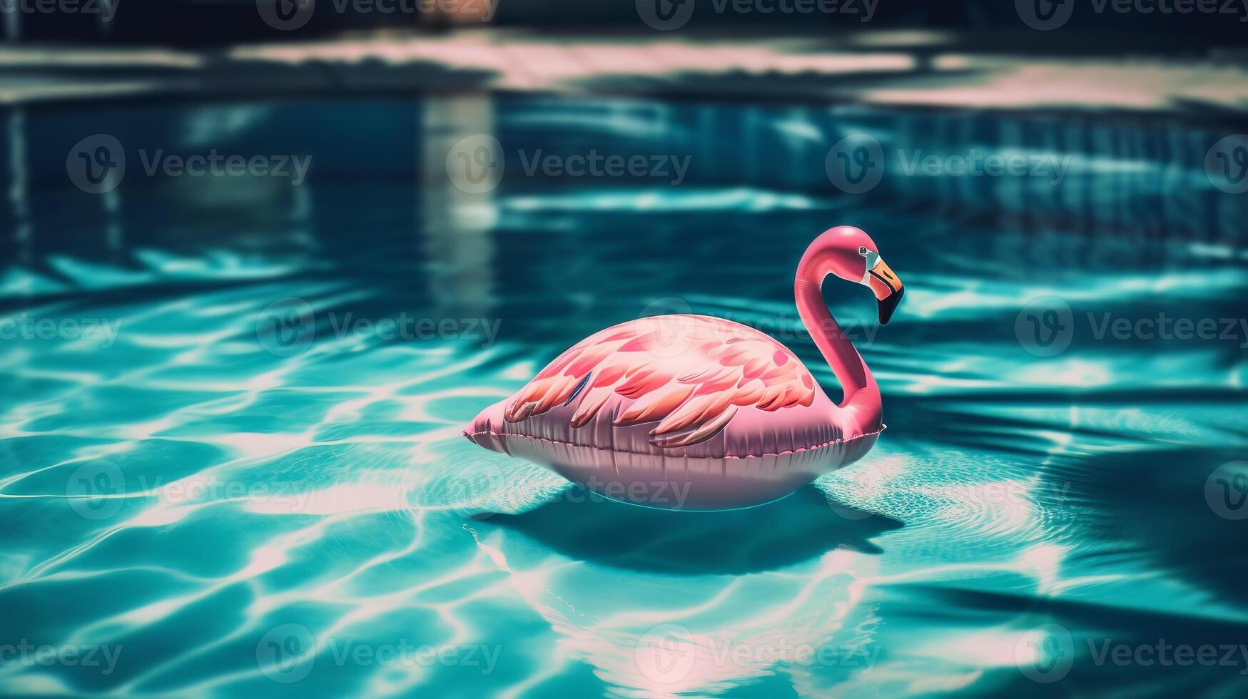 Pink flamingo pool float floating in a refreshing blue swimming pool in tropical resort. illustration photo