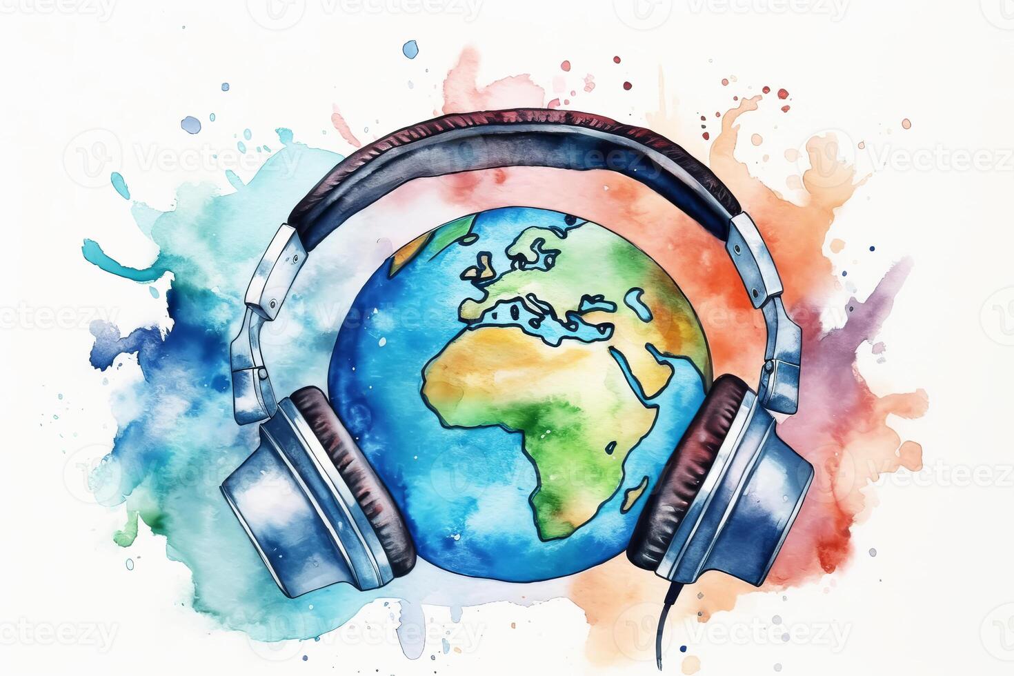 World music day concept. Stereo headphone and a globe on a white background. illustration photo