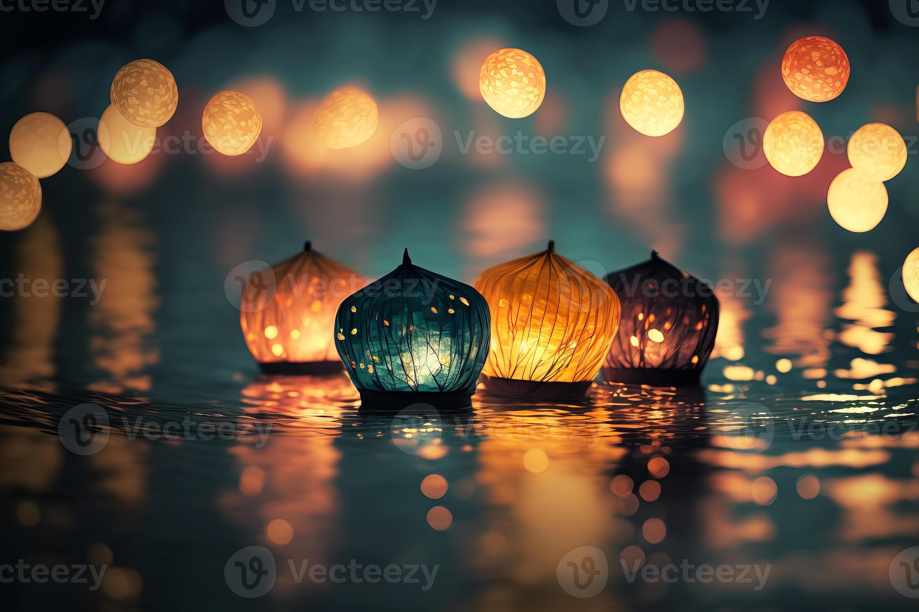 Paper lanterns float on dark water. Traditional Floating Lantern Festival, Memorial Day