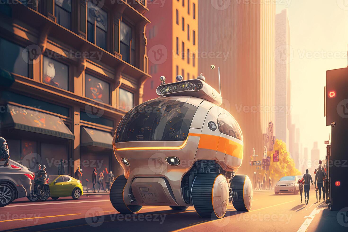 Small yellow robot taxi rides along big city street. Artificial intelligence controls the car. illustration photo