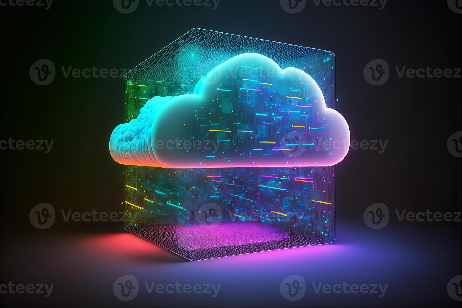 Cloud computing Data Base Technology concept with glowing neon structures on a dark background. illustration photo